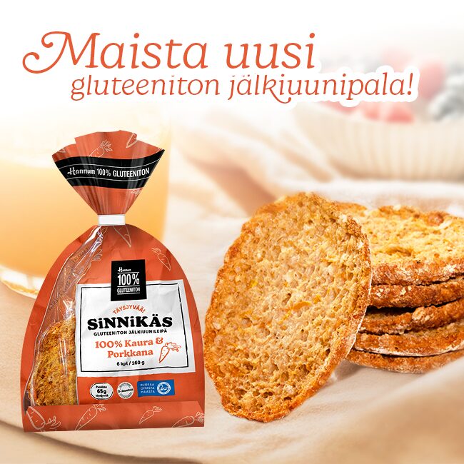 Maista uusi Hannun 100 % Gluteeniton Sinnikäs kaura & porkkana jälkiuunipala