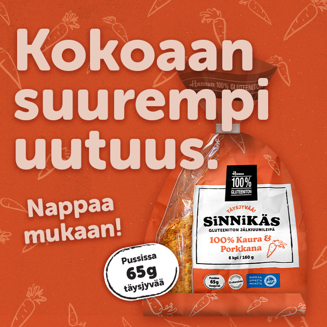 Maista uusi Hannun 100 % Gluteeniton Sinnikäs kaura & porkkana jälkiuunipala